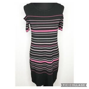 WHBM black white pink striped cold shoulder knit dress size Small